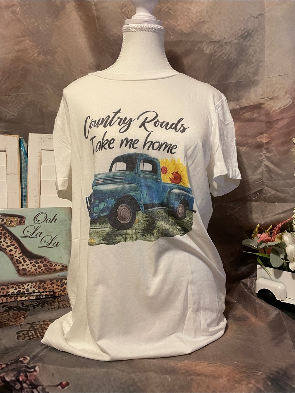 Country Roads Take Me Home White Graphic Tee - Vintage Truck Design